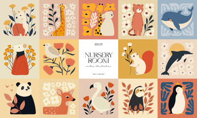 Abstract Childrens Room posters template. Modern trendy Kids minimal style. Hand drawn design for wallpaper, wall decor, print, postcard, cover, template, banner. © KozyPlace