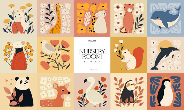 Fototapeta Abstract Childrens Room posters template. Modern trendy Kids minimal style. Hand drawn design for wallpaper, wall decor, print, postcard, cover, template, banner.
