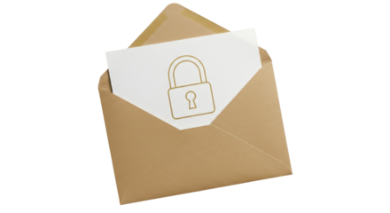 Isolated Brown Kraft Envelope with White Card Showing Gold Padlock Security Icon