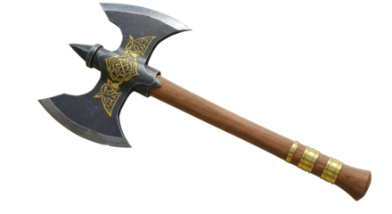 Isolated Ornate Viking Battle Axe with Wooden Handle Celtic Gold Details and Double Blade