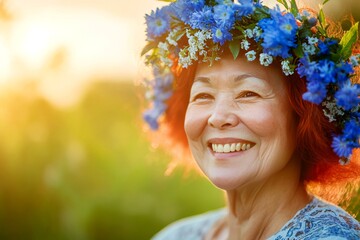 Happy attractive asian old woman with red hair wearing blue flower circlet on her head. Happy sunny days visual idea. Soft daylight. Happy soul in the sunshine. Boho-chic summer portrait.
