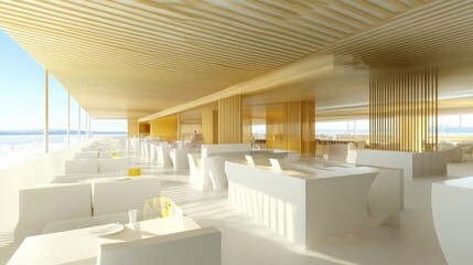 Spacious, modern interior design of a contemporary restaurant.