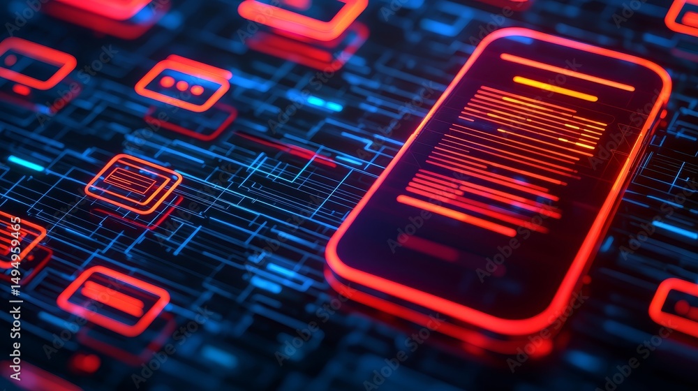 Poster futuristic smartphone with data flow and digital elements.