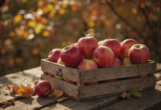 Fresh red apples in a rustic wooden crate surrounded by autumn leaves
