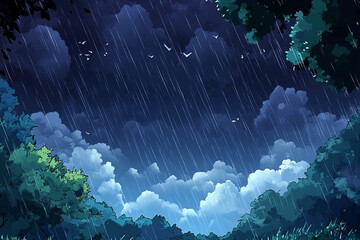 Serene animated rain scene with dreamy clouds and stylized flying birds