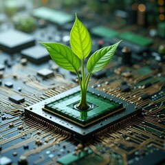 A vibrant green plant emerging from a microchip, blending nature with computer technology in stunning detail and clarity
