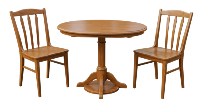 Isolated Classic Wooden Round Dining Table with Two Matching Chairs