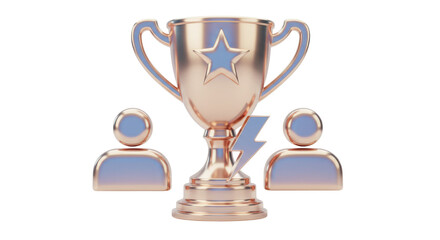 Isolated Golden Trophy Cup Flanked by User Icons with Central Lightning Bolt