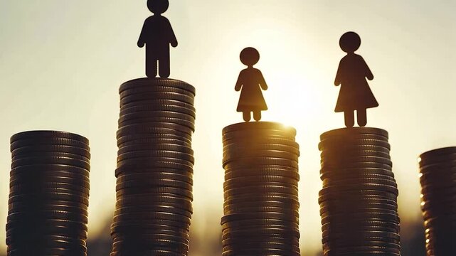 Stacked coins, with silhouettes of people, highlighting the difference in financial standing between men and women