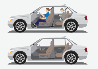 sedan car cutaway side open view  with driver and passenger and empty inside