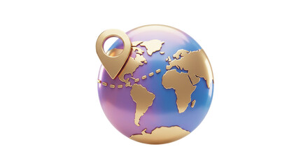 Isolated Stylized Globe with Golden Location Pin Pointer Mark