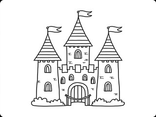 Fototapeta premium Castle with Towers and Flags, Fairy Tale-Themed Coloring Page for Kids, Simple and Fun Design, White Background