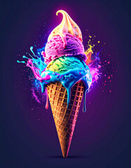 Waffle Ice Cream Cone with Vanilla Scoop and Neon Graphic Sleeve