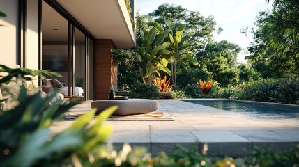 outdoor patio of a Suburban Contemporary home with sleek decking, modern outdoor furniture, and integrated planters