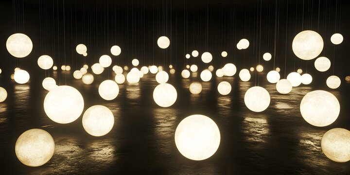 Floating luminous spheres in a dark space.