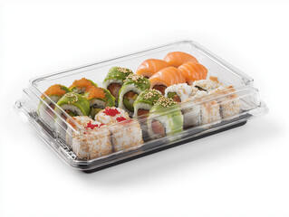 floating above white clouds Sushi packaging box, made of plastic material, front view with a rectangular shape and a clear window on the front and top, containing sushi food inside. The bottom of each