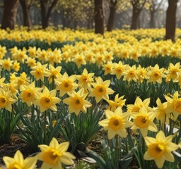 Dense cluster of glistening daffodils, sunny yellow petals, full bloom ,  sunlight,  golden yellow,  fresh