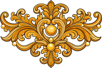 A Rococo-style gold filigree ornament, richly decorated with swirls, acanthus leaves, and pearl accents, highly detailed, floating on a white background