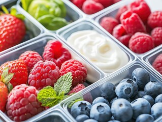 A close-up of a lunchbox meal prep with compartments holding fresh strawberries, raspberries, blueberries, and a side of Greek yogurt for a protein boost.
