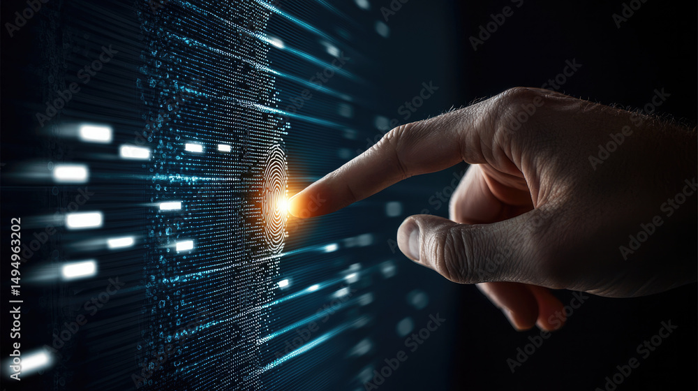 Poster businessman using fingerprint digital interface, futuristic technology, security, authentication, in