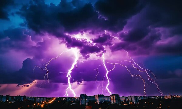 Dramatic lightning storm over city at night