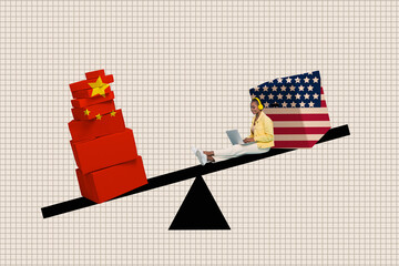 Sketch design trend artwork collage of scales usa chinese pile box market economy national budget...