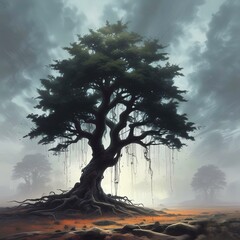 Fototapeta premium Illustration of enchanted mystery dark lonely tree in forest.