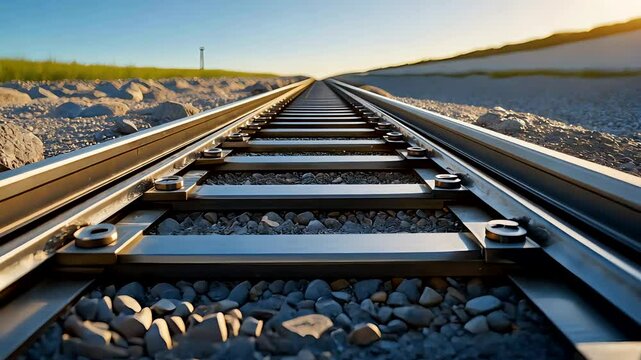 Railroad Tracks Stretching into Horizon on Gravel Bed with Warm Natural Light and Wide Angle View