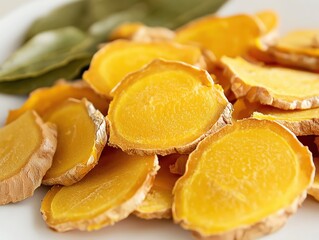 A macro close-up photo of sliced turmeric and ginger roots on a white plate, showing the fibrous texture and vibrant orange-yellow hues. 