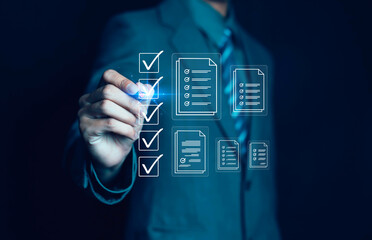 Businessman checking checkbox, Business performance checklist concept, Survey, Check off checklist,...
