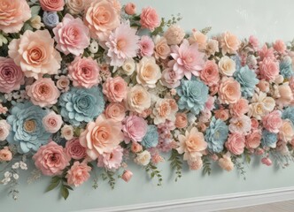 Pastel colored artificial flower wall, lace accents, wallpaper background ,  cream, artificial flowers,  floral backdrop