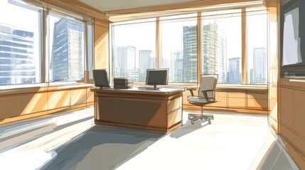 Spacious, sunlit office interior with city views.