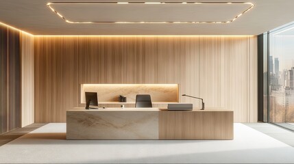 Modern executive office reception area interior design.