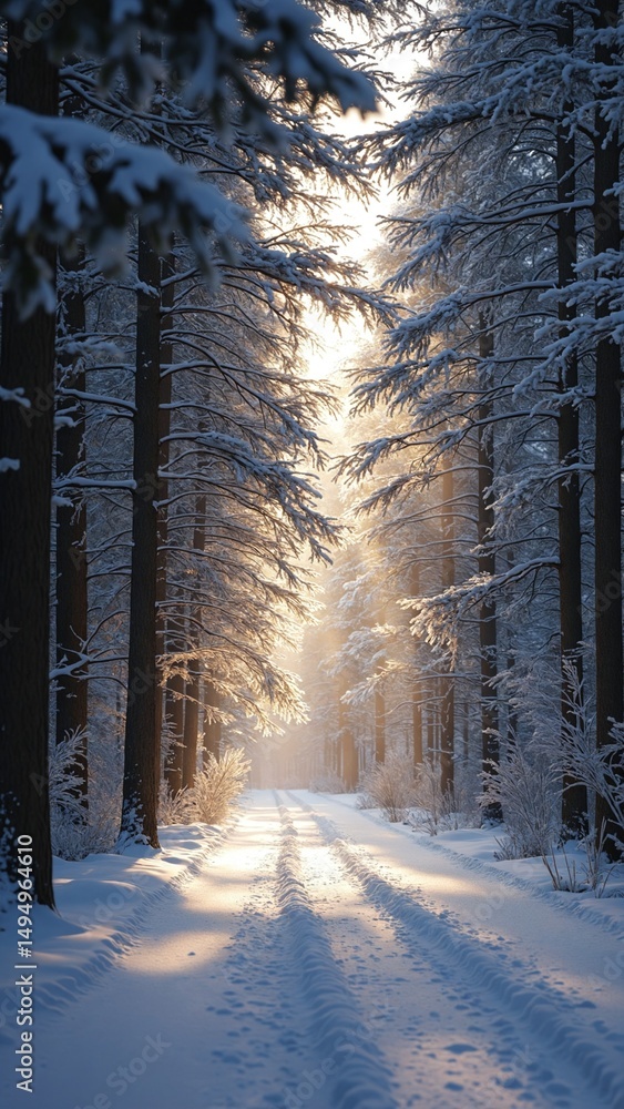 Poster enchanted winter forest pathway illuminated by soft light and snowfal