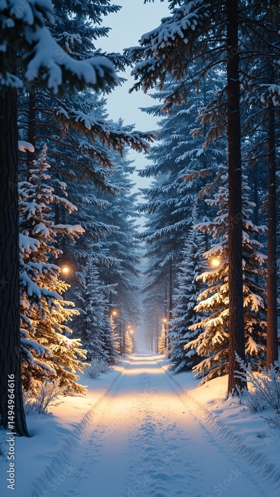 Poster enchanted winter forest pathway illuminated by soft light and snowfal