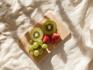 A minimalist overhead photo of a few perfectly placed fresh fruits on a small wooden cutting board, set over a neatly folded beige linen cloth.