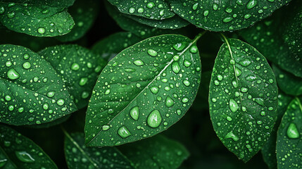 Fototapeta premium Dew Drops on Lush Green Leaves Nature Beauty
