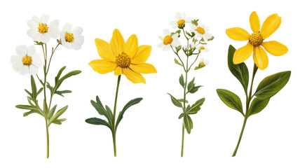 Fototapeta premium Beautiful Set of White and Yellow Wildflowers with Natural Details Isolated on White Background