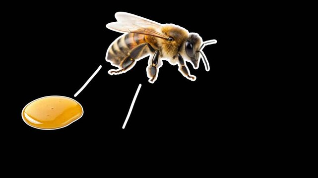 Visualization of a honey bee and its products: honey, wax, royal jelly. Beekeeping concept. Empty space for text. Smooth animation on transparent background