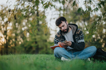 A man is deeply focused on writing in a notebook while sitting under a tree in a park. The serene...