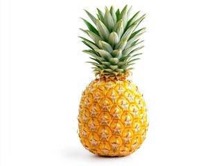 A whole ripe pineapple with spiky green crown, standing upright on a white background, front view, natural light, detailed texture on skin, tropical fruit vibe, high-quality studio lighting.