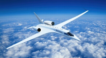 Obraz premium White jet plane soars above fluffy clouds