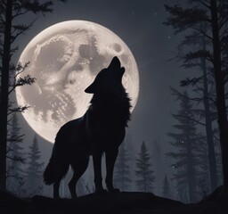 A majestic wolf silhouetted against a bright moon, howling in a dark forest ,  ecology,  wild