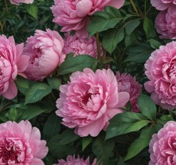 Luscious pink peonies, lush green leaves  Close-up view ,  petals,  pastel