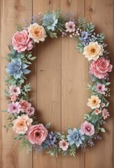 Pastel watercolor wreath, garden blooms on wooden backdrop  Perfect for baby shower ,  bloom,  illustration,  floral