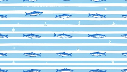 Seamless pattern of blue fish on light blue stripes.