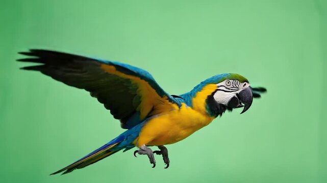 Macaw in flight against green background