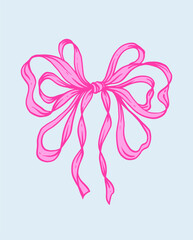Rococo Cute Pink Bow Print on blue. Whimsical Hand Drawn Style Illustration. Playful, feminine, coquette design in charming girly style. Retro, Vintage aesthetics for stationery, textiles