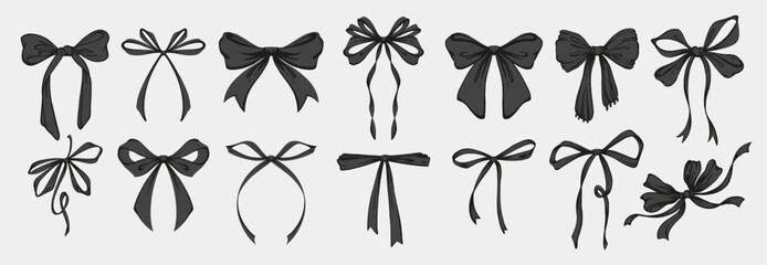 Black Vintage coquette ribbon bows set. Whimsical Hand Drawn Rococo Style Illustration. Playful, feminine, coquette design in charming girly style. Retro aesthetics