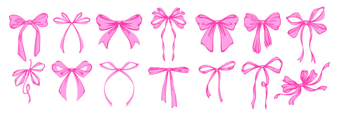 Pink Vintage coquette ribbon bows set. Whimsical Hand Drawn Rococo Style Illustration. Playful, feminine, coquette design in charming girly style. Retro aesthetics